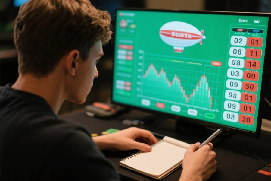 一位年轻玩家专注地分析数据图表，手边放着记事本和笔，屏幕上显示着飞艇号码和走势图