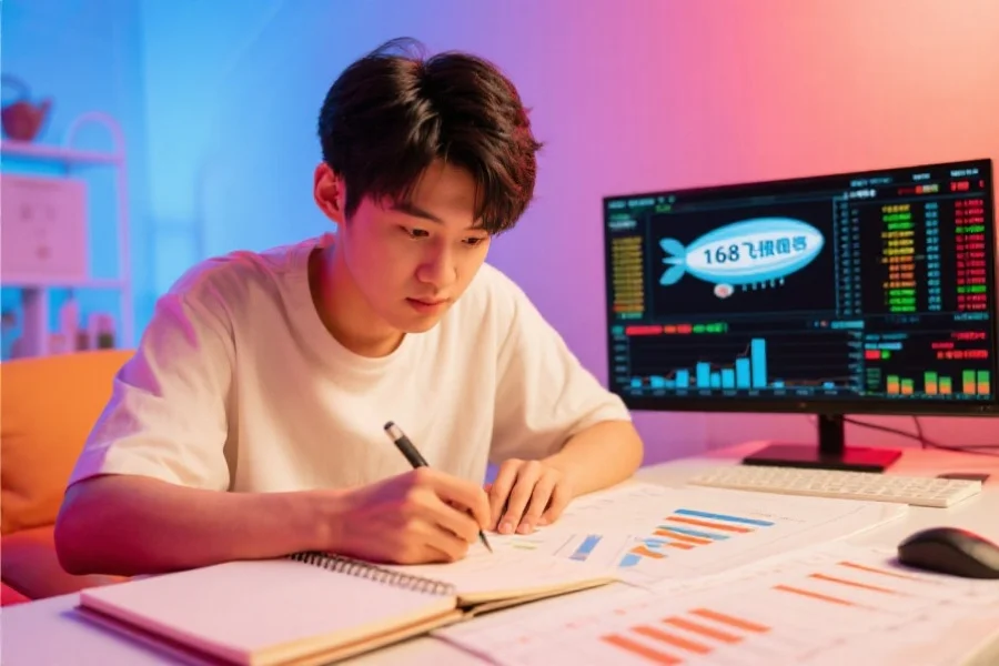 一位年轻玩家专注分析168飞艇开奖结果数据，手边有笔记本和统计图表，场景明亮有活力