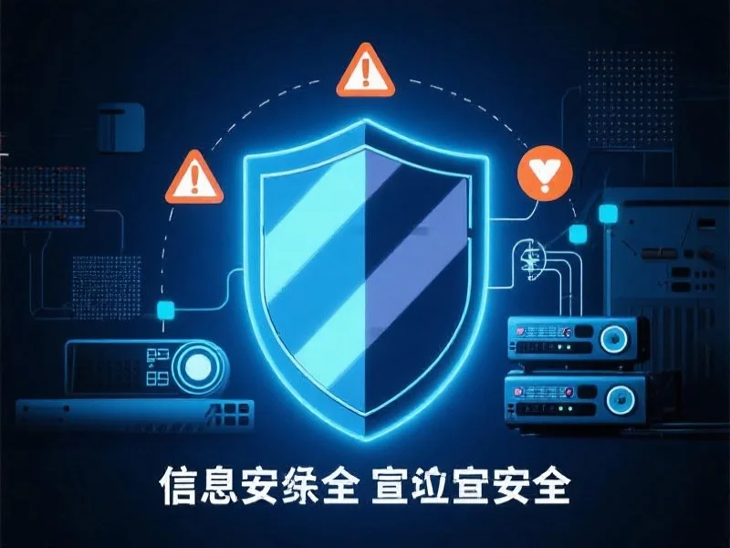 一张信息安全宣传海报，中心是盾牌图案，周围有警示图标和网络设备，氛围科技感十足